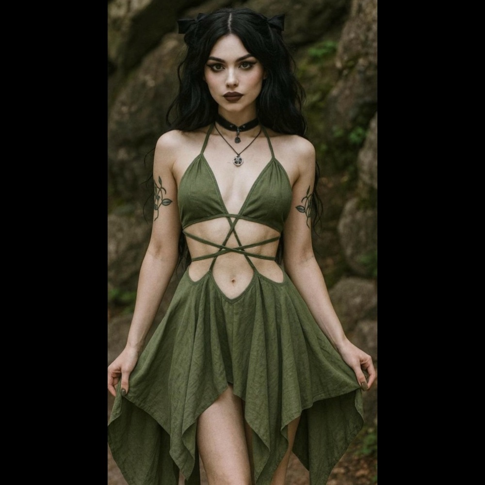 Darker Wavs Dolls Kill ‘ECHO’ Asymmetrical Mesh Dress Dress Green NWT XL - Picture 3 of 11